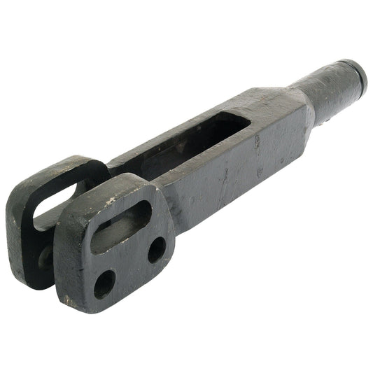 Close-up of a black metal clevis end with a hollow square cross-section and two holes on the flat end, typical for Massey Ferguson machinery. This is the Levelling Box Fork - 1 UNS (Sparex Part No.S.42053) by Sparex, with a length of 440mm and an included fork hole diameter.