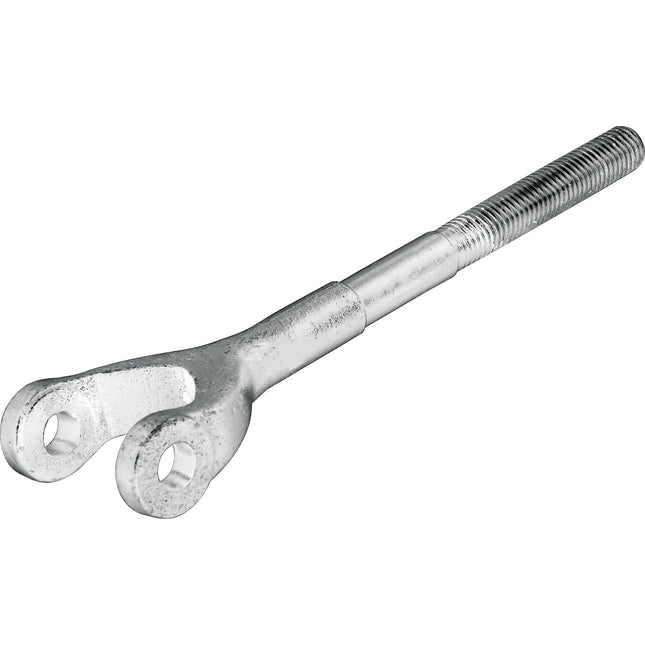 The Levelling Box Yoke - 3/4 UNC (Sparex Part No.S.16020) is a metal turnbuckle yoke featuring a threaded end and two circular openings at the opposite end, making it ideal for Massey Ferguson machinery.