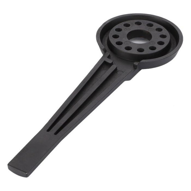 An AGCO Massey Ferguson - Lever (part number 4285769M1) is a black plastic spanner wrench with a round head featuring multiple holes and a flat handle for gripping, suitable for use with Massey Ferguson 5400 Series and 6400 Series tractors.