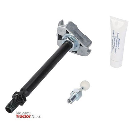 A component labeled "Massey Ferguson - Lever - AL5020373" by AGCO is displayed. It features a black shaft with a threaded end and an attached metal piece. The package includes a small tube of lubricant and an additional small metallic component. The label indicates it is for the Massey Ferguson 5000 Series Tractor Parts.
