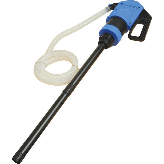 Image of the Lever Action Plastic Pump from Sparex (Part No. S.25457), showcasing a blue handle, black tube, clear flexible hose, and an adaptor. This versatile hand-operated siphon pump is ideal for various fluid transfer tasks.