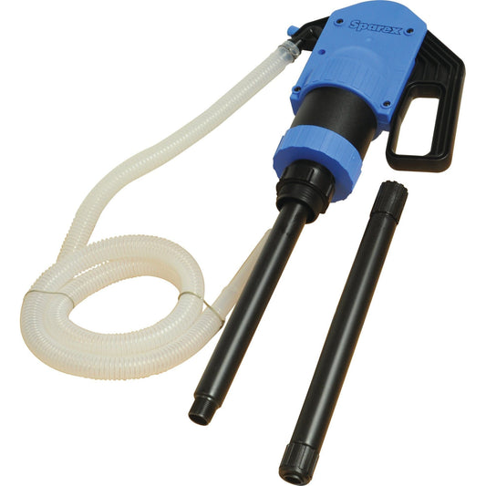 The Lever Action Plastic Pump (Sparex Part No. S.25457) by Sparex, featuring a blue and black design, comes equipped with a handle, flexible hose, two detachable extension tubes, and an adaptor—all showcased on a white background.