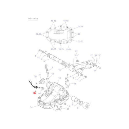 The exploded view of a mechanical assembly displays various numbered tractor parts, such as bolts, nuts, and components, arranged in a diagram. Among the labeled items commonly found in Massey Ferguson 5400 Series tractors, one part highlighted in red is emphasized: the AGCO brand's Lift Solenoid (Part Number: 3712728M4).
