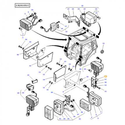 A technical diagram illustrating the components and parts of a Massey Ferguson vehicle's cabin assembly, emphasizing AGCO's light bracket (Product Number: 3808916M1). Each part is meticulously numbered and labeled with corresponding annotations, highlighting the precision akin to the 4300 Series models.