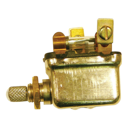 Close-up of the Sparex Light Switch (Part No. S.67593), featuring a brass electrical component with a screw and a cylindrical part attached to a rectangular metal base.
