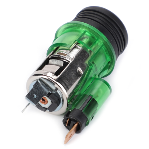 A close-up of the AGCO Massey Ferguson Lighter (3617848M91) push button switch, featuring metal contacts and a green and black plastic casing, reminiscent of controls found in a Massey Ferguson tractor.