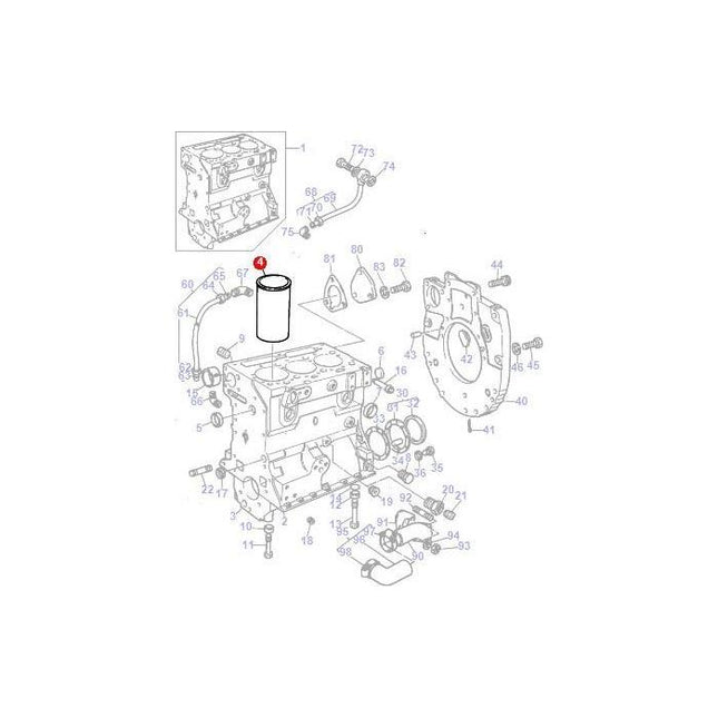 Diagram of an engine assembly with various components labeled by numbers and letters. Highlighted near the top is a cylindrical part typically found in Massey Ferguson 200 Series tractors, identified as the AGCO brand's Massey Ferguson Liner Unfinished, product number 734179M1.