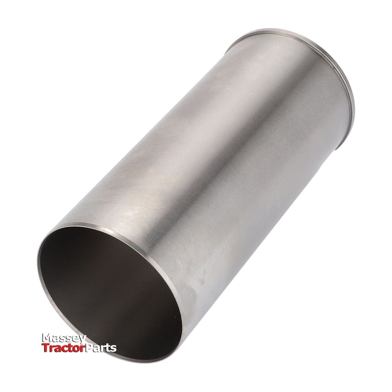 A cylindrical silver metal part with an open end is shown against a white background, featuring the "Massey Tractor Parts" logo in the bottom left corner. This Massey Ferguson - Liner Unfinished - 734179M1 by AGCO is ideal for 200 Series enthusiasts and Massey Ferguson tractors.