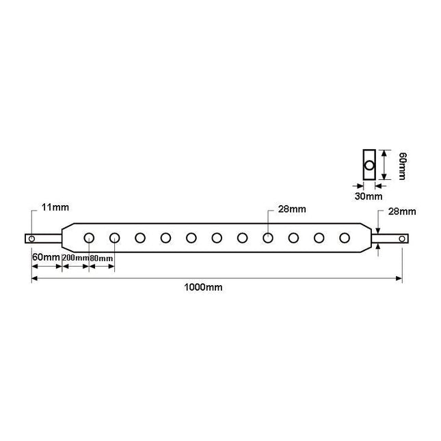 Technical drawing of the Sparex Flat Drawbar (Cat. 2) with a length of 1000mm and seven holes, featuring multiple 11mm diameter holes. This rectangular bar has dimensions including a width of 30mm, a center bar height of 28mm, and hole centers spaced at intervals of 60mm, 200mm, and 80mm. Sparex Part No.S.15081.