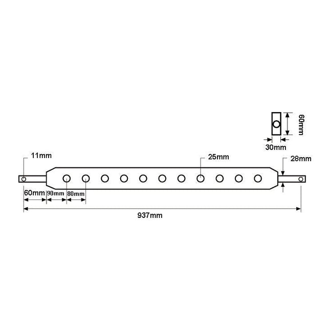 Technical drawing of the Sparex Flat Drawbar (Cat. 2), Sparex Part No. S.3394, featuring dimensions: a length of 937mm, a width of 11mm, and a height of 25mm. The drawbar includes nine evenly spaced holes along its length with specified hole diameters and two square end sections.
