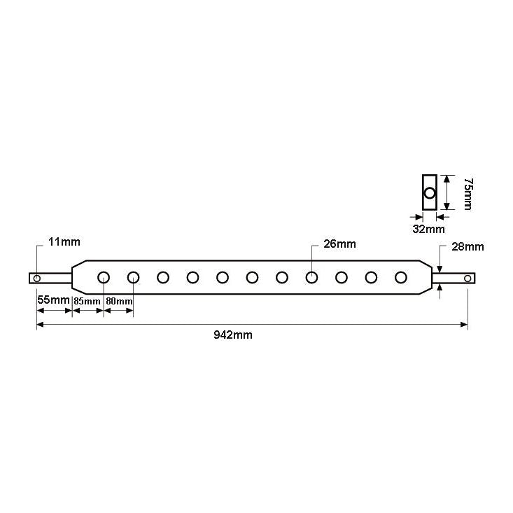 Technical drawing of the Sparex Flat Drawbar (Cat. 2) featuring multiple holes. The dimensions are detailed: 942mm in length, 26mm in width, and 28mm in height, with hole centers spaced 85mm apart. The section includes Hole Ø and additional measurements for specific parts. This product has a Sparex Part No.S.49128 and includes nine holes.
