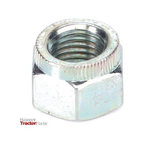 A close-up image of a metal hex nut, specifically the Massey Ferguson - Lock Nut 3/8 UNF - 376448X1 by AGCO. The Massey Tractor Parts logo is visible at the bottom left, highlighting their high-quality components for Massey Ferguson tractor models.