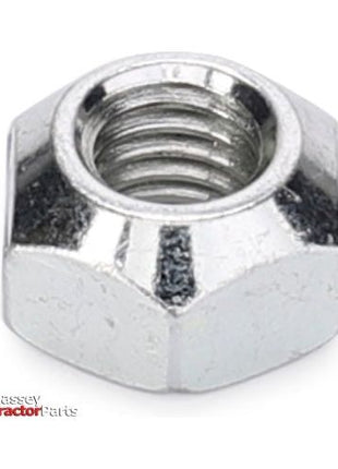 Close-up of a shiny, hexagonal Massey Ferguson - Lock Nut M10 - 1441932X1 from AGCO, with threading visible inside. The logo "Massey Tractor Parts" is in the bottom left corner.