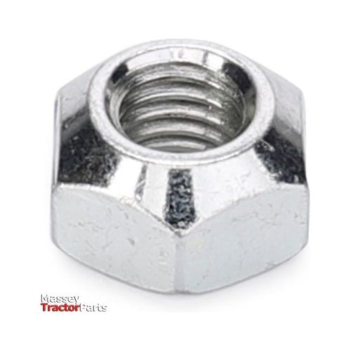 Close-up of a shiny, hexagonal Massey Ferguson - Lock Nut M10 - 1441932X1 from AGCO, with threading visible inside. The logo "Massey Tractor Parts" is in the bottom left corner.