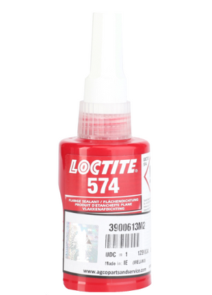 A red cylindrical bottle of Massey Ferguson - Loctite 574 flange sealant with a white nozzle and product label detailing ID and manufacturing information, ideal for use as a form-in-place gasket in gearbox and engine casings. The product, branded under AGCO, carries the identification number 3900613M2.