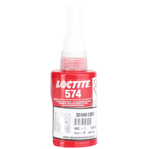 A red cylindrical bottle of Massey Ferguson - Loctite 574 flange sealant with a white nozzle and product label detailing ID and manufacturing information, ideal for use as a form-in-place gasket in gearbox and engine casings. The product, branded under AGCO, carries the identification number 3900613M2.