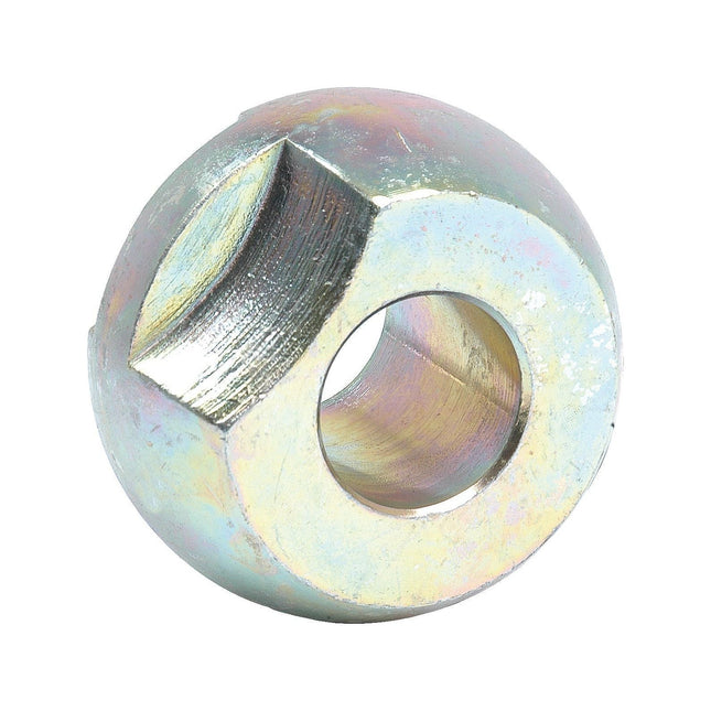 Close-up of a Sparex Lower Link Ball (Cat. 1/1) - S.1728 with a threaded hole and one flat side. The metallic round nut, having an outer diameter (OD) of 2 1/4" and a width of 1 3/8", features a shiny, slightly iridescent surface.