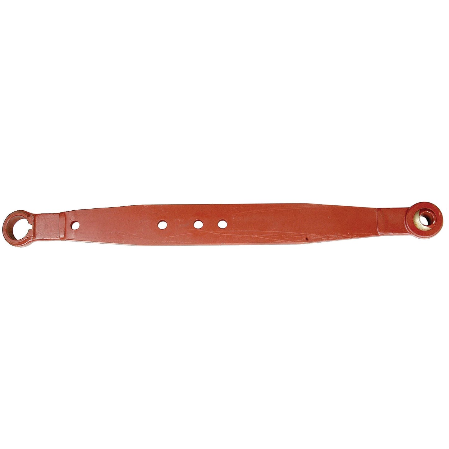 The Lower Link Lift Arm - Ball Ø 28mm - Open Socket in RH & LH configuration (Sparex Part No. S.41002) is an elongated, reddish-brown metal bar featuring three circular holes and loops on each end, designed for mechanical or structural purposes and compatible with Massey Ferguson machinery.