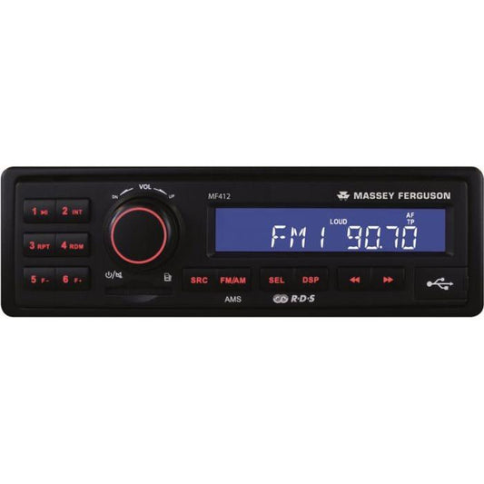 A black Massey Ferguson MF412 AMS Radio (Product Code: X991450014000) from AGCO, featuring buttons for various functions, a digital display showing FM 90.7, and an AUX-IN port for versatile connectivity.