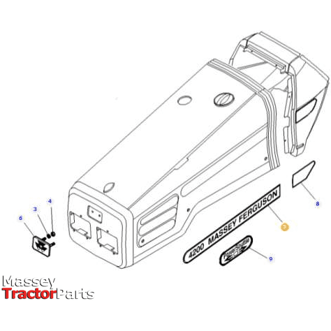 Diagram of a Massey Ferguson tractor part, labeled "Massey Ferguson - MF 4235 Right Hand Decal High Visibility - 3810918M1" and "AGCO." Various smaller labeled components are shown alongside the main part.