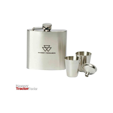 Introducing the Massey Ferguson - MF Flask - 175ml (X993422208000) by AGCO, a sleek stainless steel flask set featuring two shot glasses and a funnel, all adorned with a satin finish and the iconic Massey Ferguson logo. The text "Massey Tractor Parts" is elegantly placed in the bottom left corner, making it an ideal gift for enthusiasts.