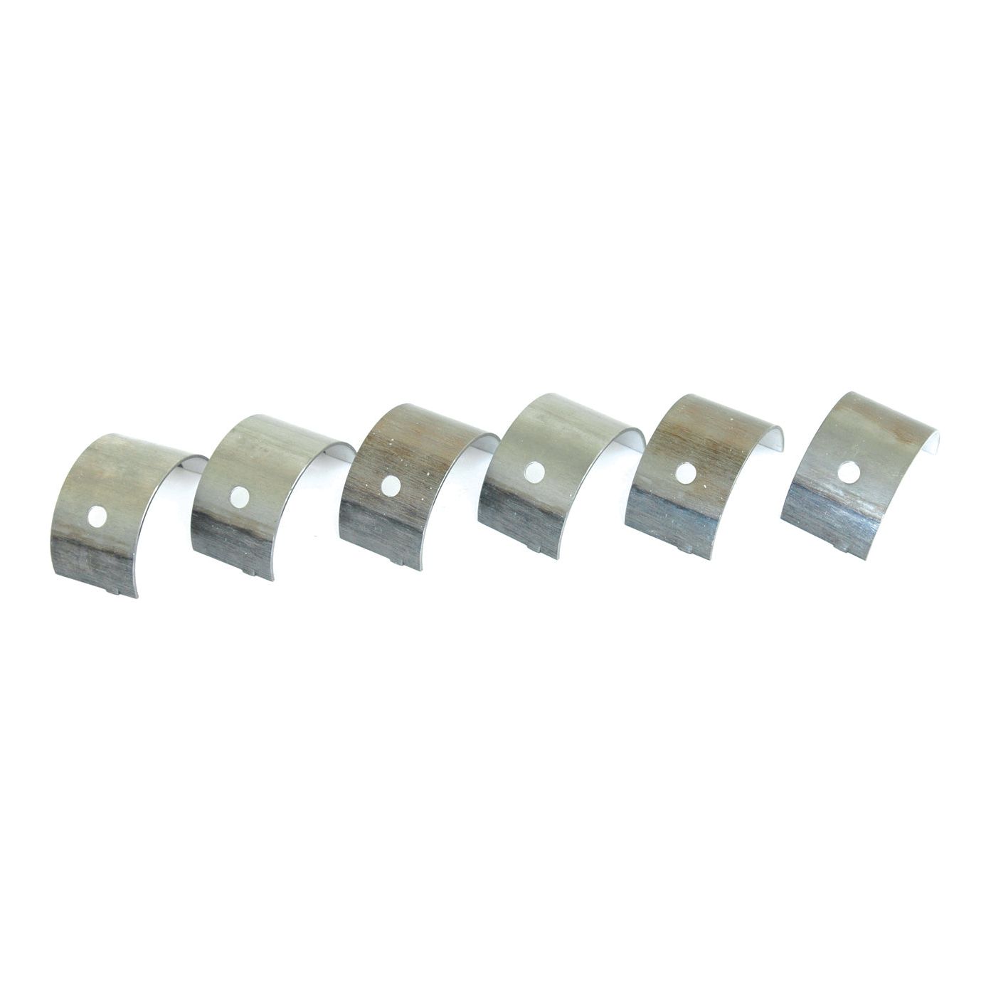 Six metallic bearing shells with a single hole in each, arranged in a row on a white background, compatible with Massey Ferguson and Landini equipment. The product is the Main Bearing +0.010'' (0.25mm) Set under Sparex Part No.S.42363 from the brand Sparex.