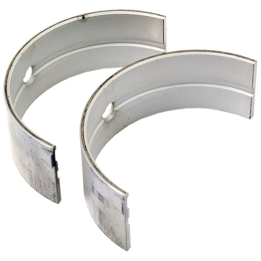 Two semi-circular metallic main bearings, ideal for Fendt or Deutz-Fahr tractors, placed parallel to each other on a white background. They are the Main Bearing Std. (Pair) by Sparex, with part number S.69950.