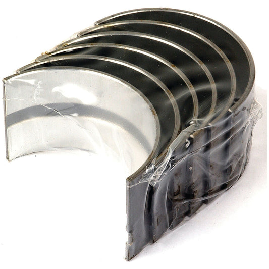 A stack of five silver Sparex Main Bearing Std. (Set) engine bearing shells, partially wrapped in clear plastic, Part No. S.42362.