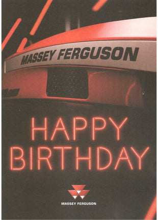 Close-up of a Massey Ferguson tractor front with "Happy Birthday" in illuminated red text below the brand name, perfect for kids' birthday cards.