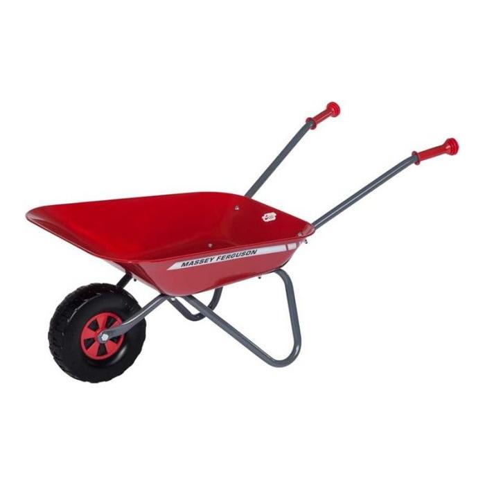 AGCO's Massey Ferguson Kids Wheelbarrow (Model X993070611200) features a large red metal frame, a gray body, a black tire, and two red handles with rubber hand grips.