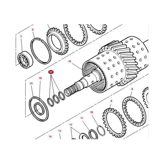 Exploded diagram of a mechanical assembly showing various numbered components, including gears, washers, and rings. Part number 17 is highlighted. This detailed view is essential for maintaining 4WD vehicles and models like the Massey Ferguson series. It includes the AGCO-branded Massey Ferguson Oil Seal (AG139074).