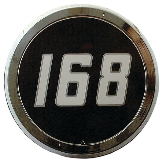 A round black sign with "168" in white numbers, enclosed by a silver border, reminiscent of the Sparex Medallion for Massey Ferguson 168 (Sparex Part No.S.42549).