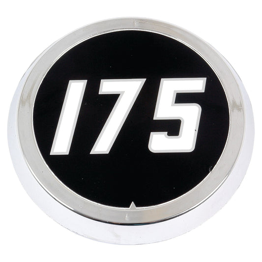 A circular metal emblem with a black background, featuring the number "175" in bold white font, reminiscent of the Massey Ferguson 175 tractor (Medallion - Massey Ferguson 175 | Sparex Part No. S.42550 by Sparex).