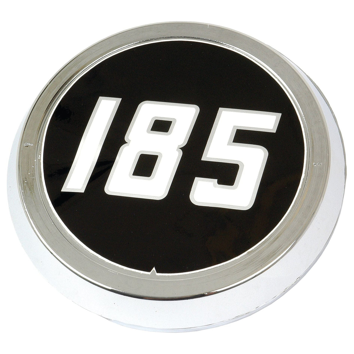 The Medallion - Massey Ferguson 185 (Sparex Part No. S.42552) features a metal automotive badge with "185" in white on a black circular background, surrounded by a chrome border. Resembling a medallion, it is perfect for enthusiasts of the Massey Ferguson 185 and is available through Sparex.