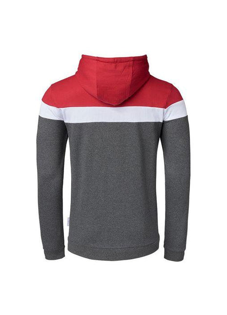 Discover the AGCO Massey Ferguson Men's Colour Block Hoodie (X993312008) - a trendy gray hoodie with long sleeves, featuring a vibrant red hood and a white horizontal stripe across the upper back, perfect for those who appreciate colour block style.
