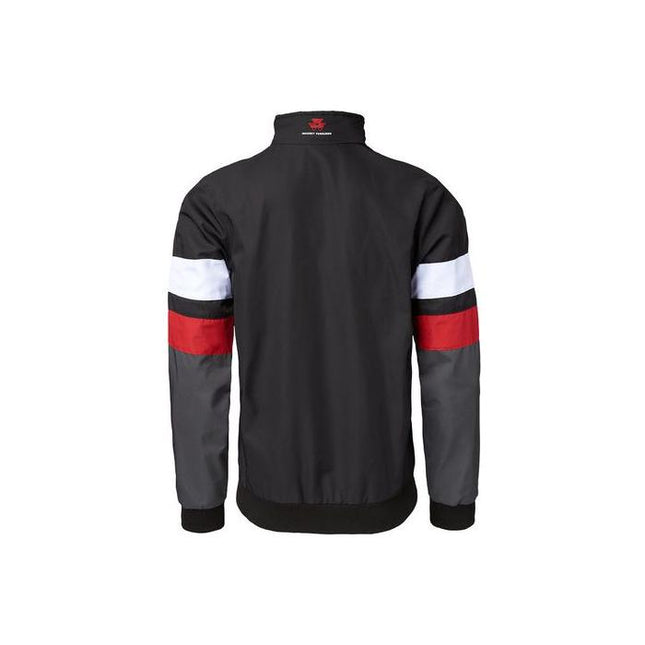 Back view of the AGCO Massey Ferguson Men's Padded Jacket (X993322008) in black, featuring white and red horizontal stripes on the sleeves and a small MF logo on the collar.