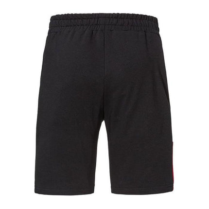 The Massey Ferguson Men's Sport Shorts (X993412106) by AGCO, featuring a black and red design with an elastic waistband and a red stripe on the side, are displayed against a white background. These sporty shorts offer comfort with their sweat-resistant material.