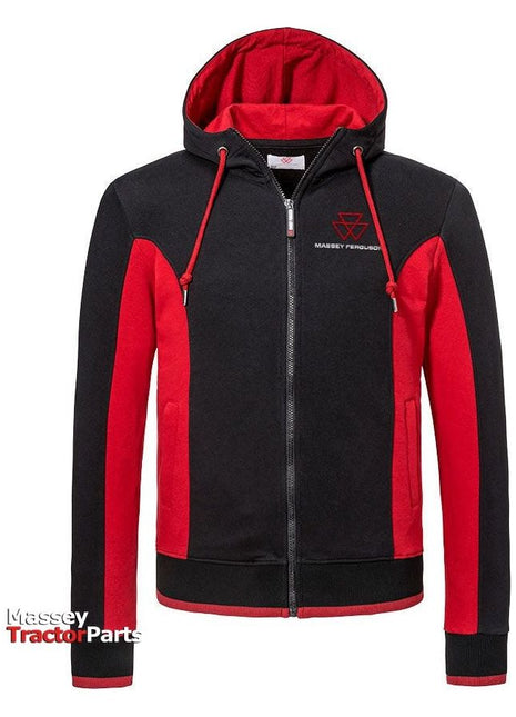 The AGCO Massey Ferguson Men's Sports Jacket (X993412206) features a black and red zip-up design with a Massey Ferguson logo on the chest. The text "Massey Tractor Parts" is displayed in the bottom left corner. This full-length zip sports jacket is also sweat-resistant, making it perfect for both comfort and style.