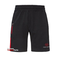 The Massey Ferguson Men's Sports Shorts (X993412205) by AGCO feature a black and red design with a zippered pocket on the right, red accents, and "Massey Tractor Parts" branding on the lower left side. Ideal for everyday sporting use, these sweat-resistant shorts provide both style and functionality.