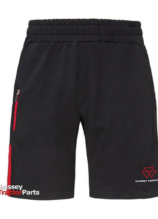The Massey Ferguson Men's Sports Shorts (X993412205) by AGCO feature a black and red design with a zippered pocket on the right, red accents, and "Massey Tractor Parts" branding on the lower left side. Ideal for everyday sporting use, these sweat-resistant shorts provide both style and functionality.