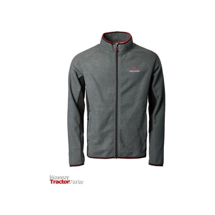 The AGCO Massey Ferguson Men's Grey Fleece (X993322213) is a gray jacket without a hood, accented with red details, featuring the Massey Ferguson logo on the chest, asymmetric inserts, and the text "Massey Tractor Parts" at the bottom left.
