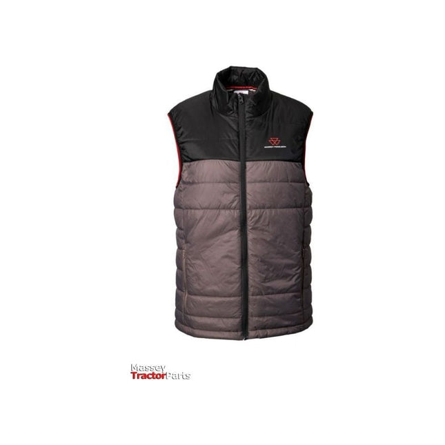 This men's sleeveless padded vest, model X993322215 by AGCO, features lightweight padding and a high collar. The gray vest includes black shoulder sections and a small red "Born to Farm" logo on the upper left chest, along with visible text that reads "Massey Ferguson Tractor Parts.