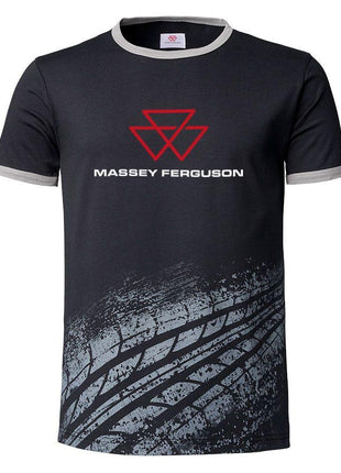 AGCO's Massey Ferguson Men's T-shirt with Tyre Print (product code X993412202) is a black jersey T-shirt featuring stylish contrasting colors, the Massey Ferguson logo on the front, and a unique tire tread design at the bottom.