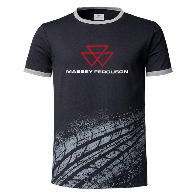 AGCO's Massey Ferguson Men's T-shirt with Tyre Print (product code X993412202) is a black jersey T-shirt featuring stylish contrasting colors, the Massey Ferguson logo on the front, and a unique tire tread design at the bottom.