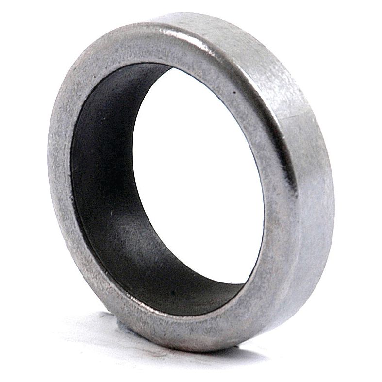A Sparex Metric Rotary Shaft Seal, 25 x 35 x 10mm (Part No. S.43102) with a smooth finish, positioned standing on a flat white surface, resembling a metallic ring.