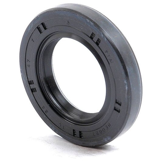 Image of a black rubber Metric Rotary Shaft Seal, 50 x 80 x 12mm Double Lip, Sparex Part No. S.50387, with markings on its surface, standing upright on a white background.