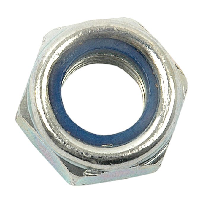 Close-up of a Sparex Metric Self Locking Nut, M12x1.75mm (DIN 985) Metric Coarse with a zinc-plated metallic finish and a blue plastic insert, Part No. S.3592.