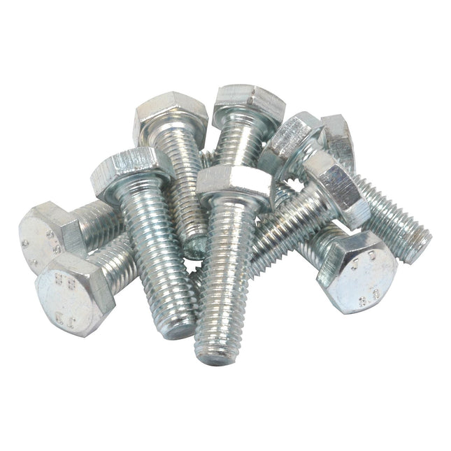 A pile of Sparex Metric Setscrew M12x40mm (DIN 933) hex bolts, Part No. S.5774, with a tensile strength of 8.8, on a white background.