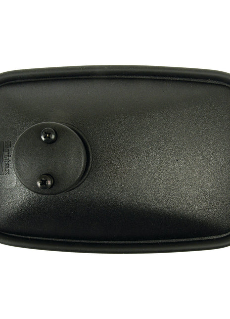 Close-up of the backside of a black plastic handheld device, possibly a remote control, featuring a battery compartment cover secured by two visible screws, reflecting light similar to the Sparex Mirror Head - Rectangular, Convex, 263 x 160mm (S.4155).