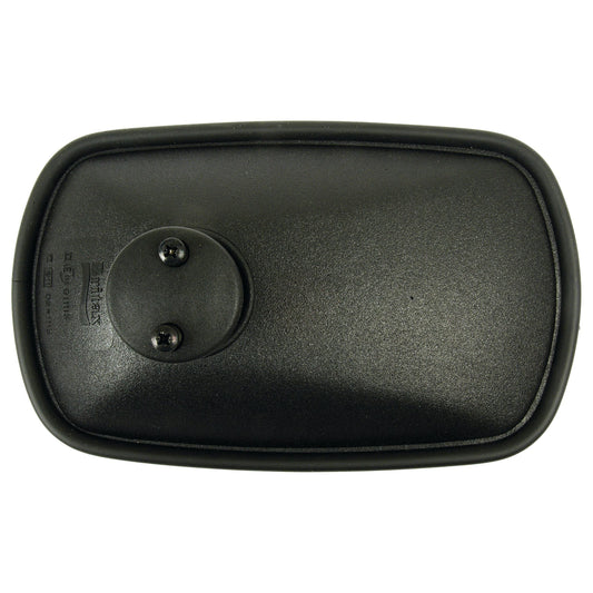 Close-up of the backside of a black plastic handheld device, possibly a remote control, featuring a battery compartment cover secured by two visible screws, reflecting light similar to the Sparex Mirror Head - Rectangular, Convex, 263 x 160mm (S.4155).